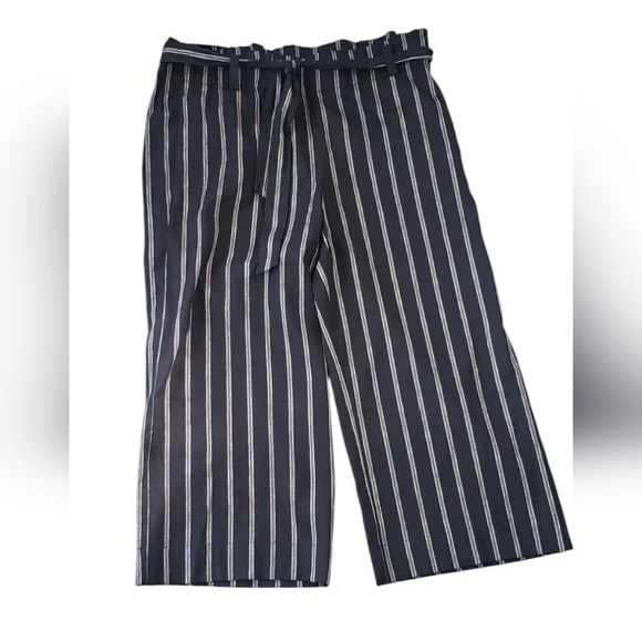 J. Jill Emilie Linen Stretch Paperbag Waist Black Stripe Petite Crop Pants - Picture 7 of 11